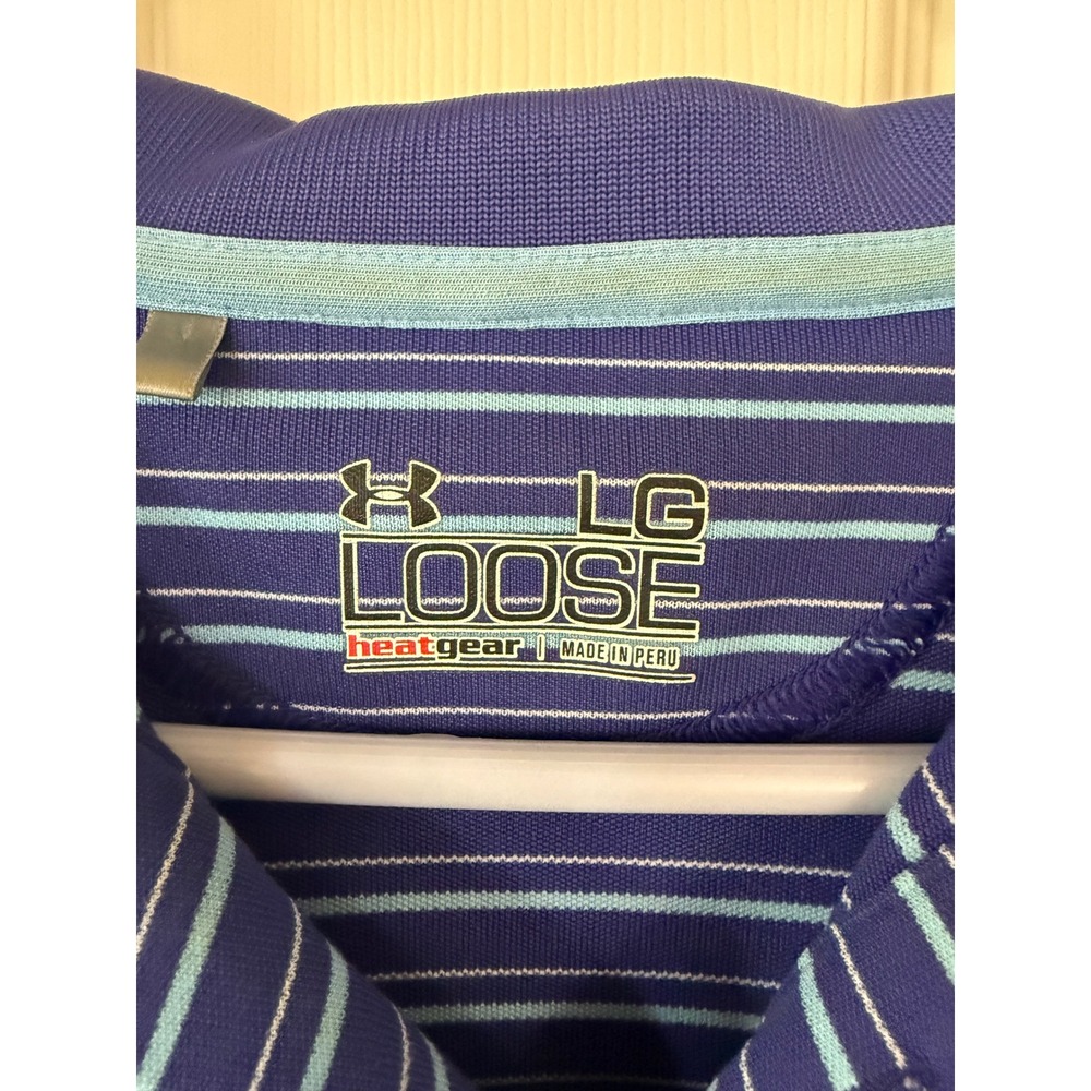 Under Armour Mens HeatGear Loose Fit Striped Polo Shirt Blue Large LG Golf Top - Picture 3 of 3